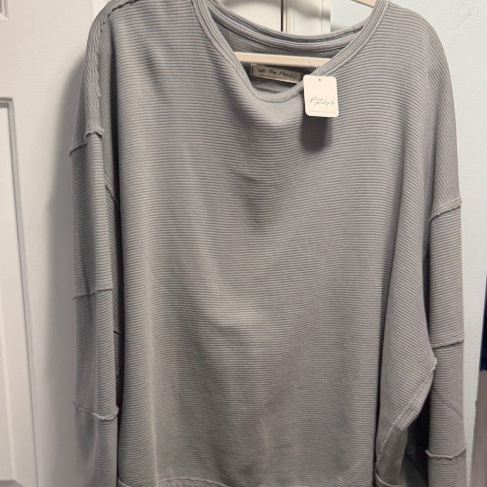 Free People Gray Ribbed Long Sleeve Top